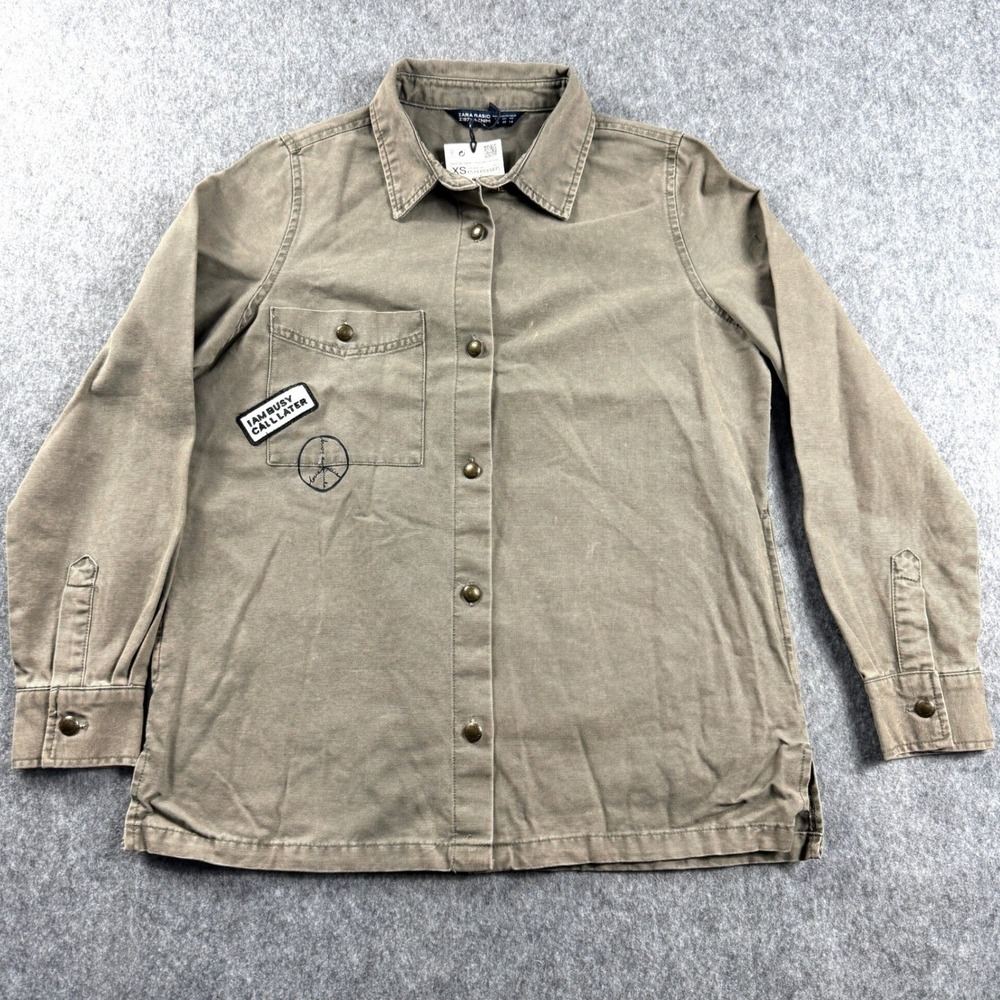Zara Basic Z1975 Denim Shirt‎ Womens XS Olive Green Utility Snap Button Military